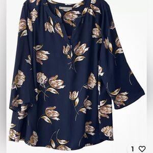 DANIEL RAINN Navy Floral Print Jinnie Back Zipper Ring Detail Crepe Top. Small